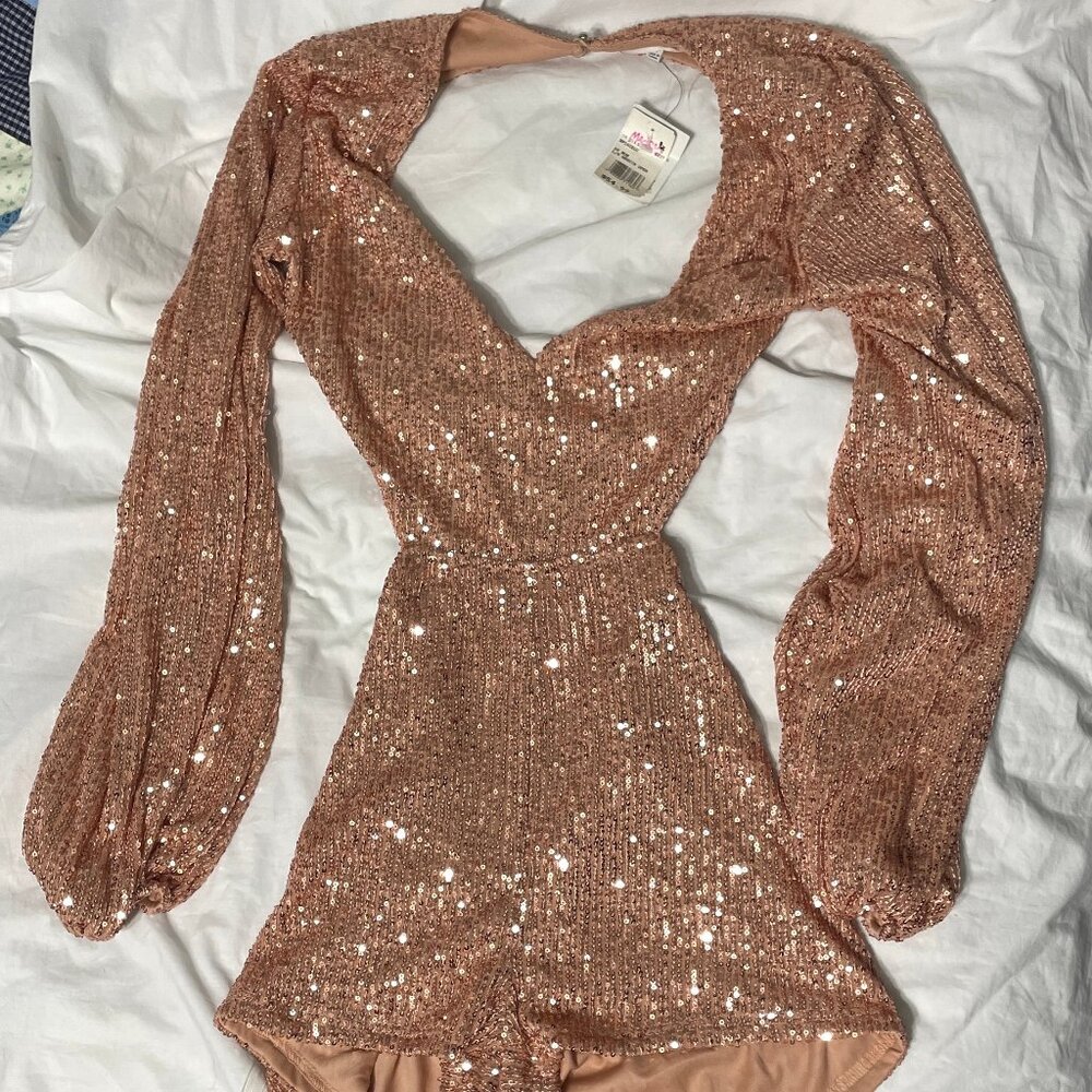 NWD Cherry Mellow Women Sz Large Rose Gold Sequin Romper Long Sleeve